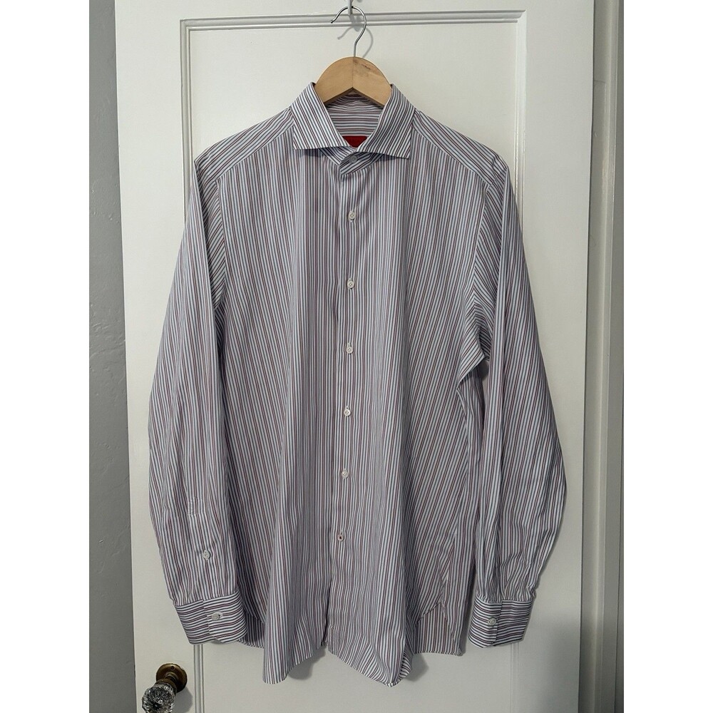 Isaia Napoli Leuca Mix Dress Shirt Men’s 42 Burgundy Gray Stripe Made Italy